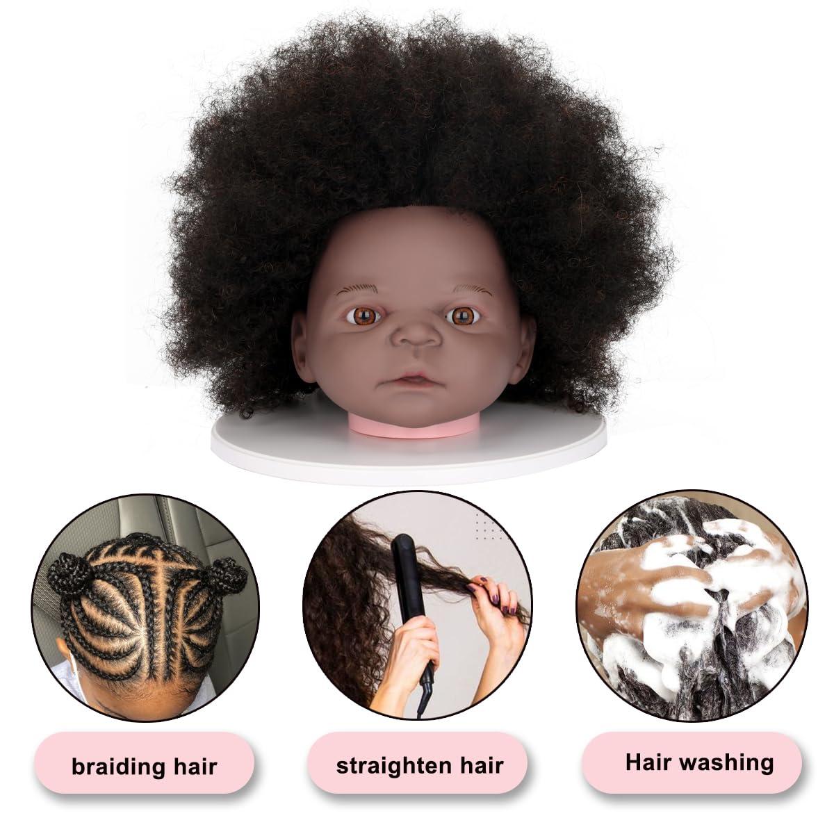 poipoilu Mannequin Head African with Hair 90% Human Hair Cosmetology Mannequin Head Doll Head for Babay and New Mom, Manikin doll to do hair for little girls and Practice Training Braiding (Afro-Black)