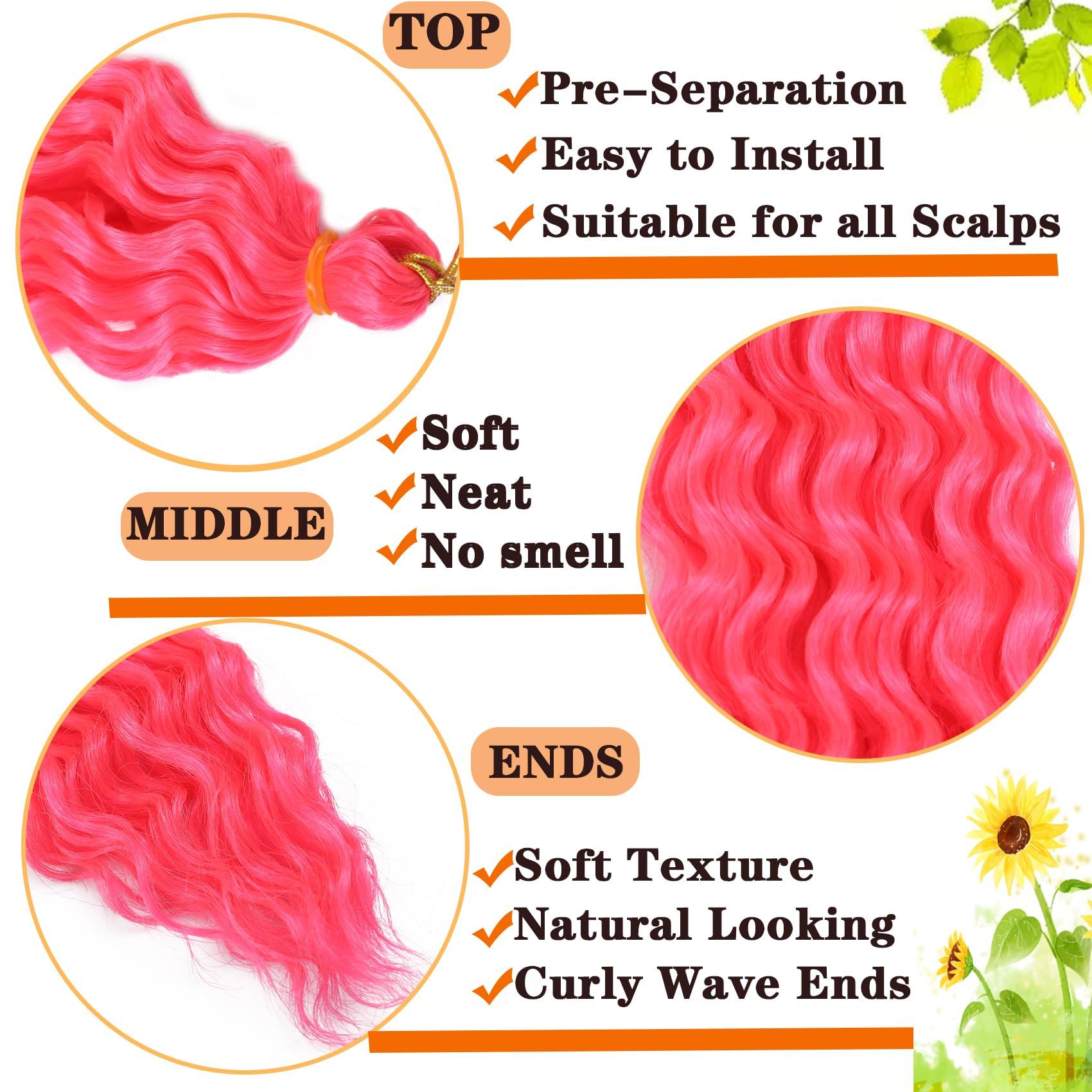 Paraglame Hot Pink Curly Crochet Hair 18 Inch Deep Wave Braiding Hair for Women 3 Packs Ocean Wave Crochet Hair Pink Color Wet and Wavy Crochet Hair (18inch, Pink#)