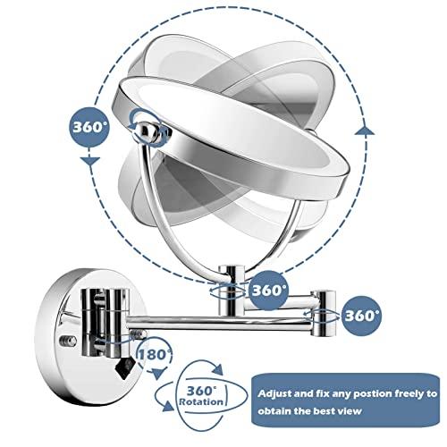 ZHANGY ZHANGY 8 Inch Wall Mounted Makeup Mirror with LED Lights, Plug 3X Magnifying Mirror, Wall 360°Rotatable Extendable Double-Sided, Bathroom and in Beauty and Personal Care, Silver White