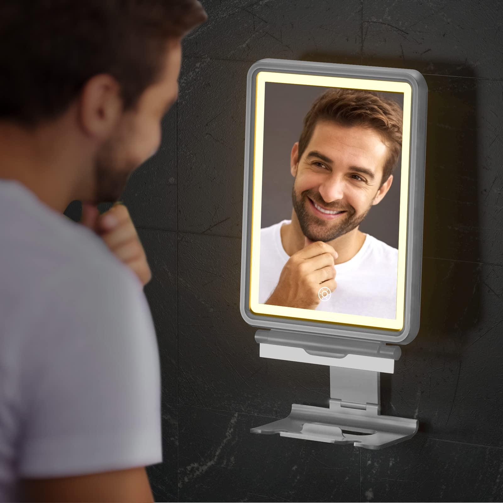 COSMIRROR COSMIRROR Shower Mirror Fogless for Shaving with Squeegee to Keep Clean or Remove Foggy Mess, Fogless Mirror for Shower Two Mounting Solution, Dimmable Lighting (3 Color Setting)