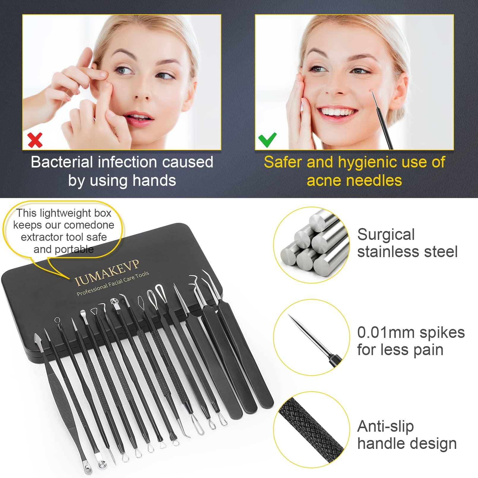 IUMAKEVP Pimple Popper Tool Kit, IUMAKEVP 15 PCS Professional Stainless Steel Blackhead Remover Comedone Extractor Tools for Removing Pimples, Blackheads, Zit on Face - Acne Removal Kit with Metal Case (Black)
