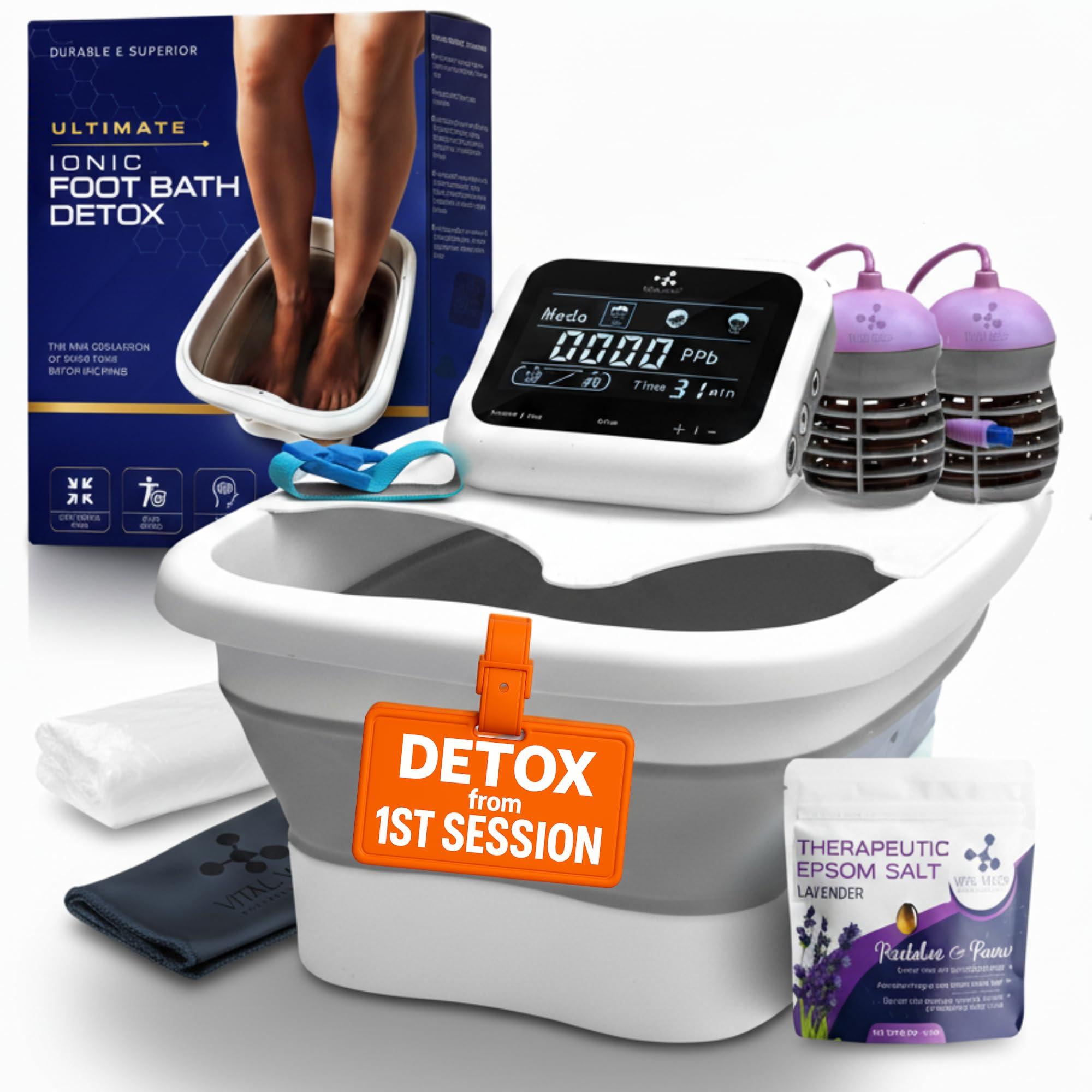 Vital Vibes Vital Vibes Ultimate Ionic Foot Bath Detox Machine - Foot Detox Machine for Spa Bath with Touch Display - Epsom Salt & Towel - Collapsible Soaking tub -Powerful Array- Ion Wristband-Tub Liners