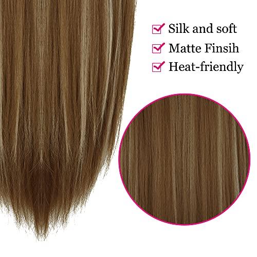 FUT_Forever Straight Hair Extensions Ginger Brown Mix Bleach Blonde Highlight 22 Inch 4.2 Oz Long Synthetic Hairpieces Invisible Wire Headband for Women Heat Resistant Fiber No Clip