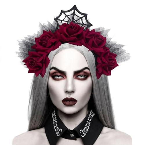 Catery Catery Gothic Floral Headband Halloween Headbands Gothic Floral Headdress Veil Headband Vampire Rose Headpiece Cosplay Masquerade Hair Accessories for Women and Girls