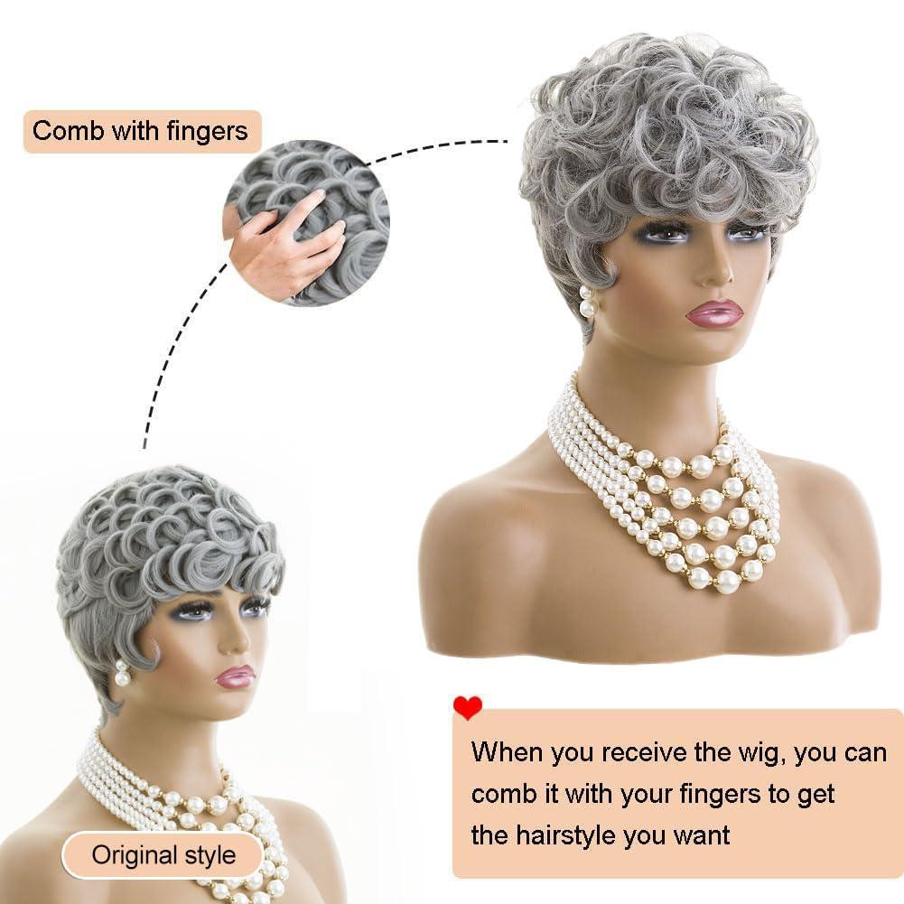 MOONSHOW MOONSHOW Grey Pixie Cut Wig Short Grey Wigs for Black Women Pixie Cut Wig Short Pixie Gray Wigs for Blcak Women Synthetic Pixie Wig Natural Wavy Short Curly Gray Pixie Cut Wigs for Old Women(Grey)