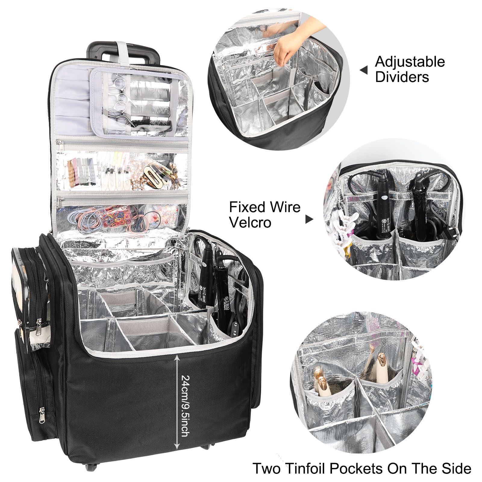 Relavel Relavel Rolling Makeup Case Cosmetology Case on Wheels Hair Stylist/Hairdresser Travelling BarberBag with Four 360 Degree Spinner Wheels, Heat Insulation Lining and Adjustable Dividers