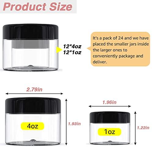 DupakSYS 4 oz Plastic Containers with Lids + 1oz Small Containers with Lids (Set of 24) Plastic Jars with Lids Cosmetic Jar - for Lip Scrub, Body Butters, Cream, Slime, Craft Storage