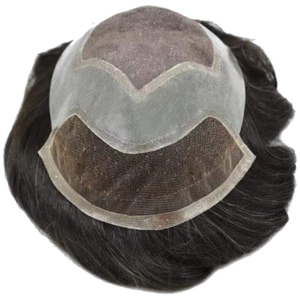 LHC Transparent Lace Front HAIR System Mens Toupee Replacement Bleached Knot Hairpiece Natural Hairline Durable Mono Poly Skin Gray Human hair System for Men(16CM x 24CM, #1B40 Natural Black+40%Gray-120% Light to Medium Density)
