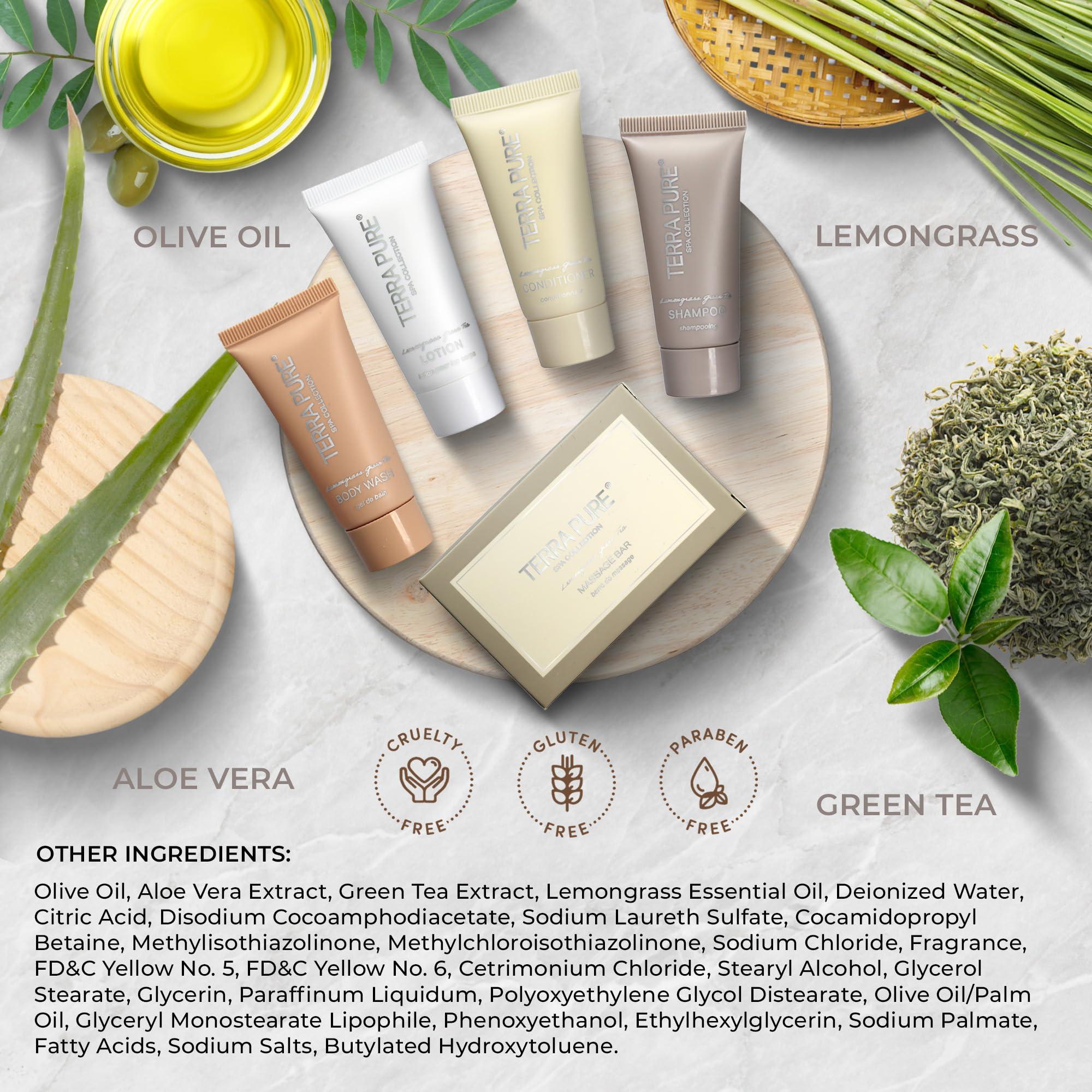 Terra Pure Terra Pure Spa Collection Amenity Kit | Hotel Bulk Toiletries | 0.85 oz Shampoo, Conditioner, Lotion, Body Wash, Massage Bar for Guest Hospitality Vacation Rentals | 1 Set/Case