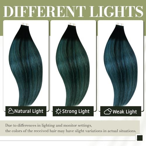 RUNATURE RUNATURE Black Ombre Tape in Hair Extensions Real Human Hair Tape in Extenions Short Natural Black to Blue Tape in Human Hair Extensions Teal Straight Glue in Hair Extensions Human Hair 12 Inch 30g