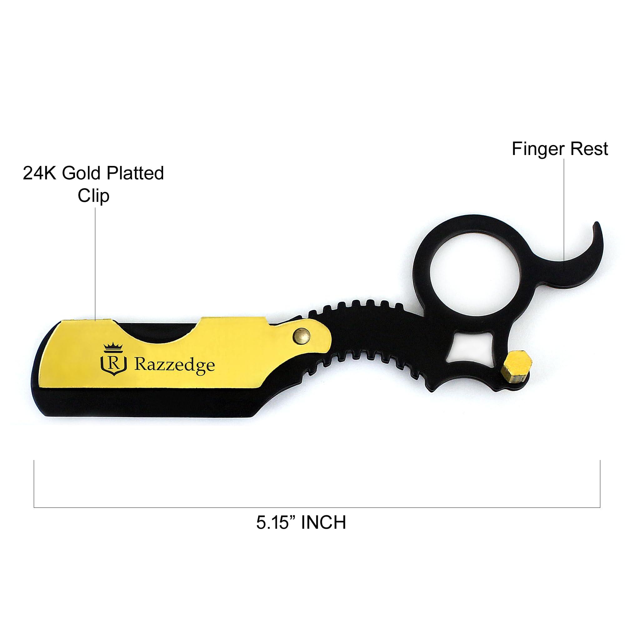 RAZZEDGE RAZZEDGE - Professional Straight Razor, Shaving Razors for Men Beard Cut Throat Black Gold Finger Barber Razor with 10 Single Edge Shaving Blades