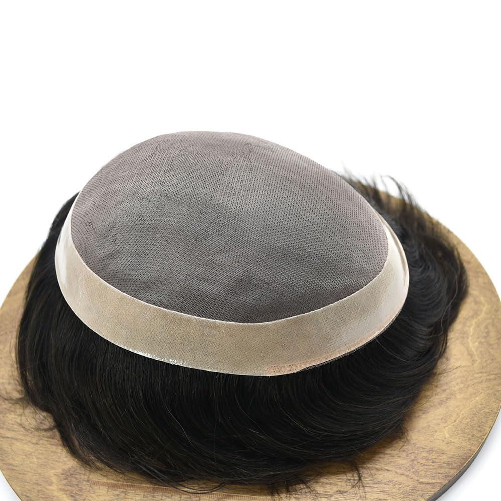 WigVivid Men Hairpiece Replacement System Mens Toupee Fine Mono Lace Toupee For Men Pu Poly Skin Around Mens Hair Piece Natural Hairline Human Hair Wig7\"X9\"#210 Darkest Brown+10% Gray