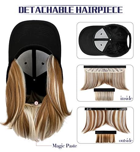 Qlenkay Qlenkay Baseball Cap with Hair Extensions Straight Short Bob Hairstyle Adjustable Removable Wig Hat 14inch for Woman Girl Ginger Brown Mix Bleach Blonde