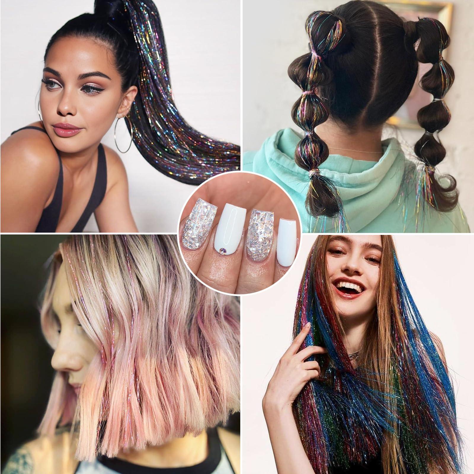 DOORES DOORES Hair Tinsel Kit 6 Pcs Tinsel Hair Extensions, 24 Inch Fairy Hair Accessories Dazzle Hair Sparkle Strands Shiny Glitter Hair Extensions Pink Hair Clip ins Hair Tinsel Kit for Girls (Pink)