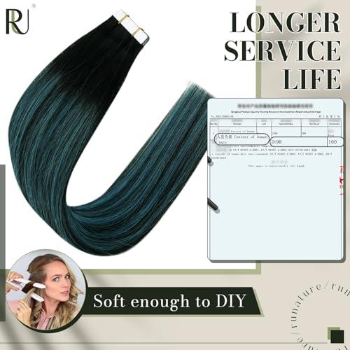 RUNATURE RUNATURE Black Ombre Tape in Hair Extensions Real Human Hair Tape in Extenions Short Natural Black to Blue Tape in Human Hair Extensions Teal Straight Glue in Hair Extensions Human Hair 12 Inch 30g