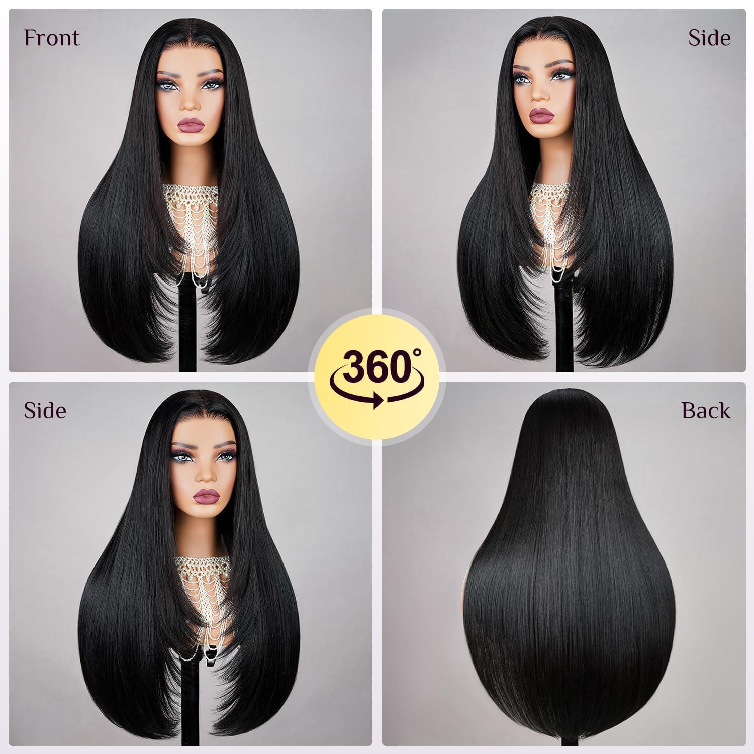 TESLAL TESLAL Blend Wigs Human Hair Glueless Wear and Go Glueless Wigs Human Hair Pre Plucked Pre Cut Layered Wig Straight 6X6 Synthetic and Human Hair Blend Wig 22Inch Black Color 260% Density
