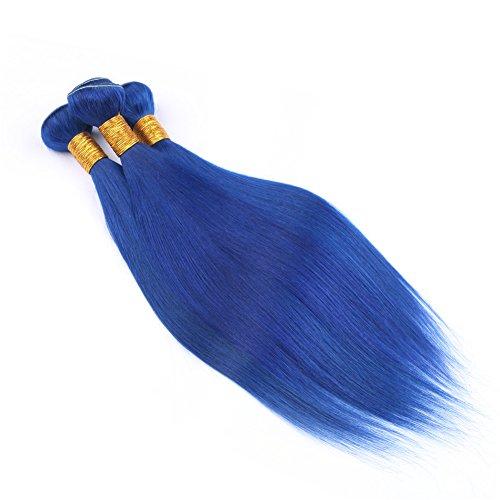 Generic Silky Straight Blue Color Human Hair Weaves With Lace Closure With Baby Hair Unprocessed Free Middle Closure Pieces With Blue 3Bundles Extensions (14 16 18+12 inch closure)