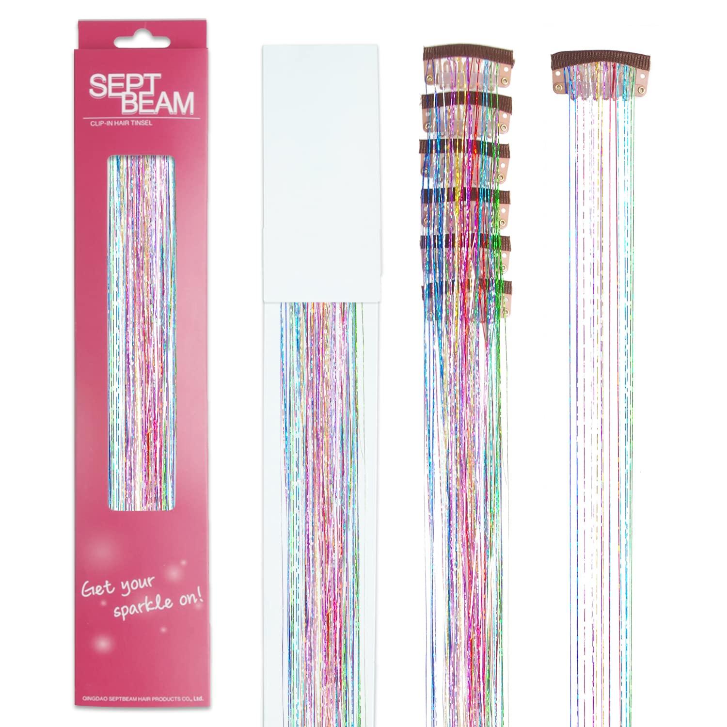 SEPTBEAM SEPTBEAM Clip in Hair Tinsel Extensions Sparkle & Highlights for Hair Seven-color 20.5 Inch 6 Pieces Dazzle Hair for Party, Christmas Gift for Kids, Girls, Women(Seven-color)