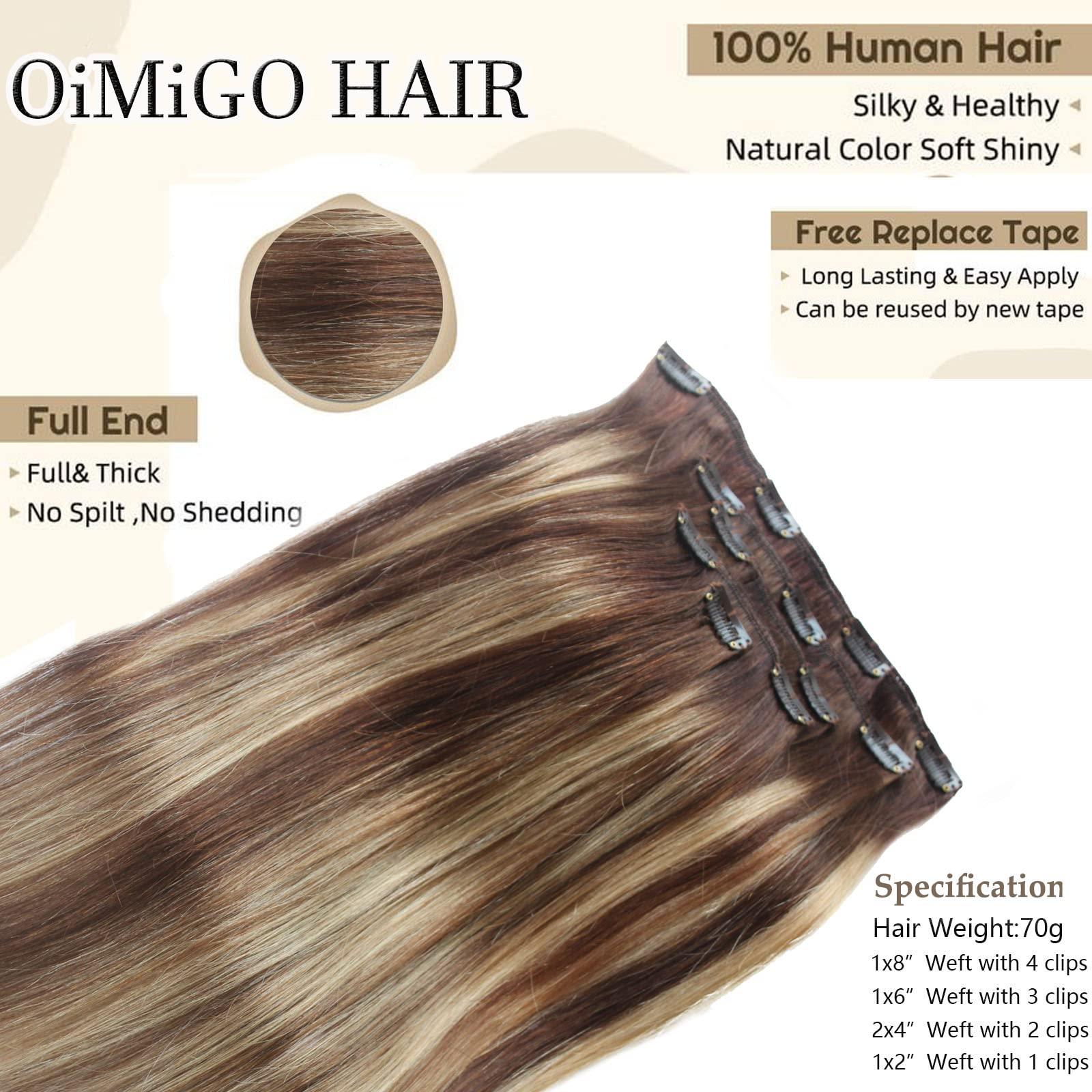 OiMiGO Human Hair Extensions Clip in, 5pcs 70g Chocolate Brown to Strawberry Blonde, OiMiGO Ombre Clip ins Hair Extensions Real Human Hair Straight Natural Hair Extensions with 12 Clips (#4T4P27,22Inch)