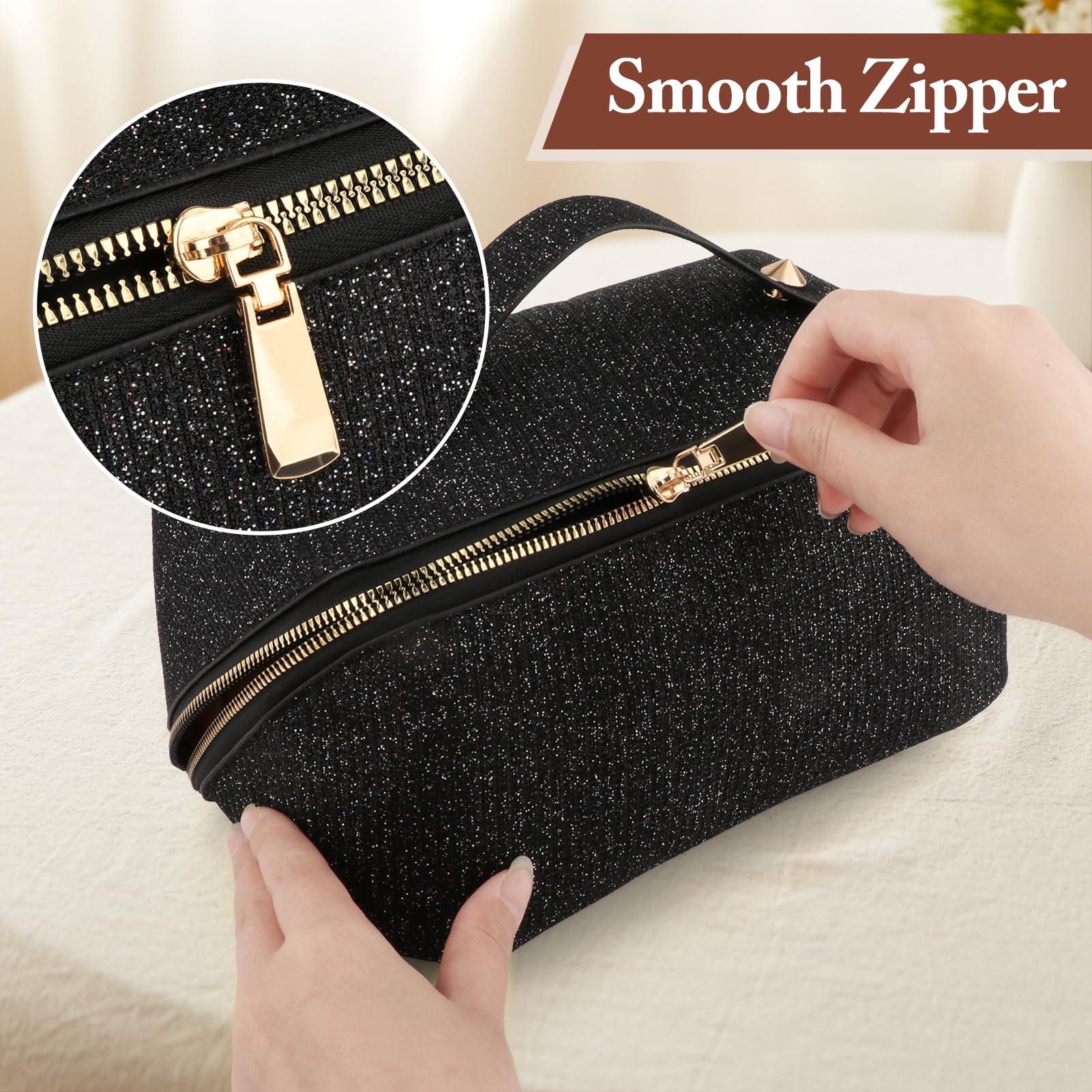 QLoztyse QLoztyse Large Capacity Travel Cosmetic Bag - Lay Flat Makeup Bag with Handle and Compartment Large Opening Sparkly Glitter Cosmetics Organizer for Girl, Black