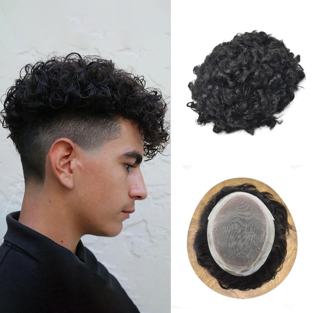 LYRICAL HAIR LYRICAL HAIR Curly Hair Piece Toupee for Black Men Hair System Replacement Monofilament Mens Wig Poly Skin Pu Hair Unit for Men (7\"X9\", 1B Off Black-25MM Curl)