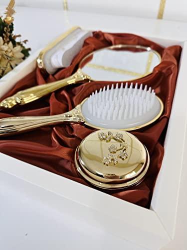 Bridesh Makeup Vanity Mirror Comb Hair Brush Set | Vintage antique Mirror Comb Brush | Antique Vanity makeup Mirror gold vanity mirror Hair Brush Set | Hand face beauty mirror | Comb and Mirror set (Bronze 2)