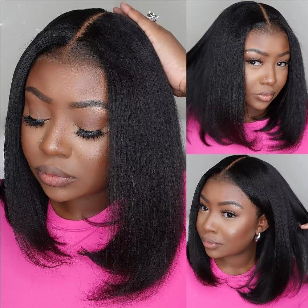 oulaer oulaer Straight Bob Wig 13x4 Lace Front Wig Human Hair Pre Plucked Bleached Knots Cut Wear Go Glueless Wigs Ntaural Hairline HD Lace Wig Yaki Straight Bob Wig 150% Density 12Inch