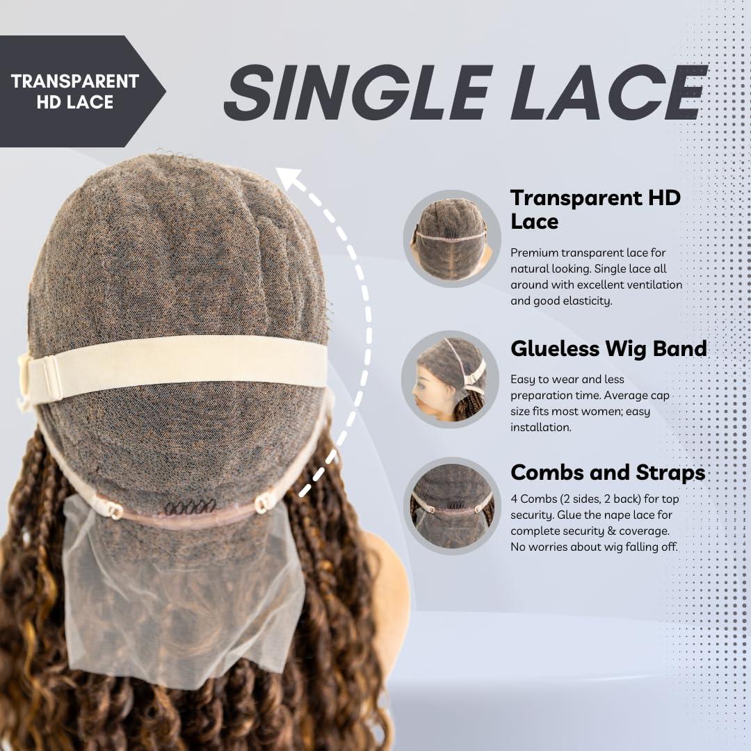 PiB PASSION IS BEAUTY PIB 24 Inch Single Full Lace Braid Wig - Micro Box Braided Wig with Peruvian Deep Wave - Knotless Braids for Black Women - Boho Style Curly Hair Wig (#T42730 Highlight Mix)