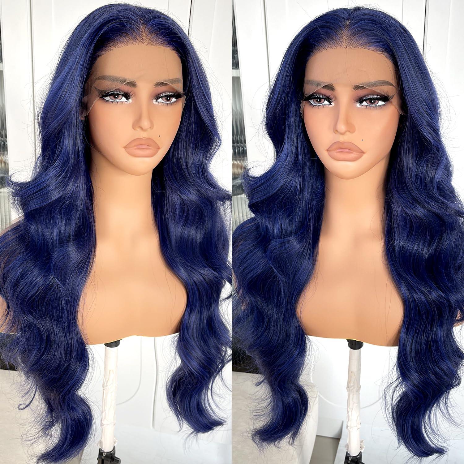 BlackSwern BlackSwern Dark Blue Wig Blue Body Wave Lace Front Wig, Glueless Lace Wig, Pre-plucked Pre-layered Body Wave Wig with Curtain Bangs for Black Women, 24