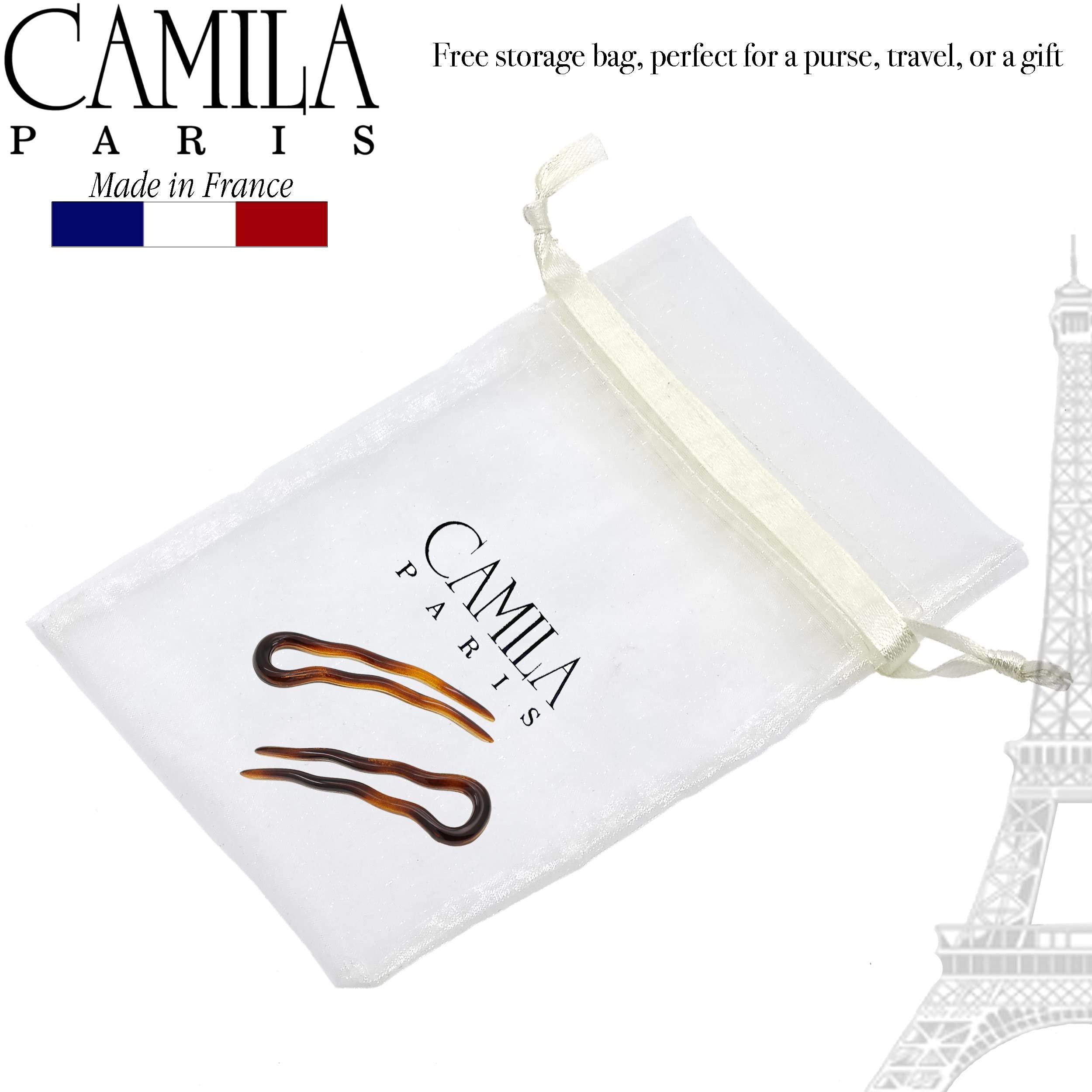 Camila Camila Paris AD823 French Twist Stick Hair Fork, 4 Small Wavy U Shaped Hair Pin Clip for Spiral Updo Bun, Tortoise Shell, Fashion Flexible Durable Styling Hair Accessories for Women, Made in France
