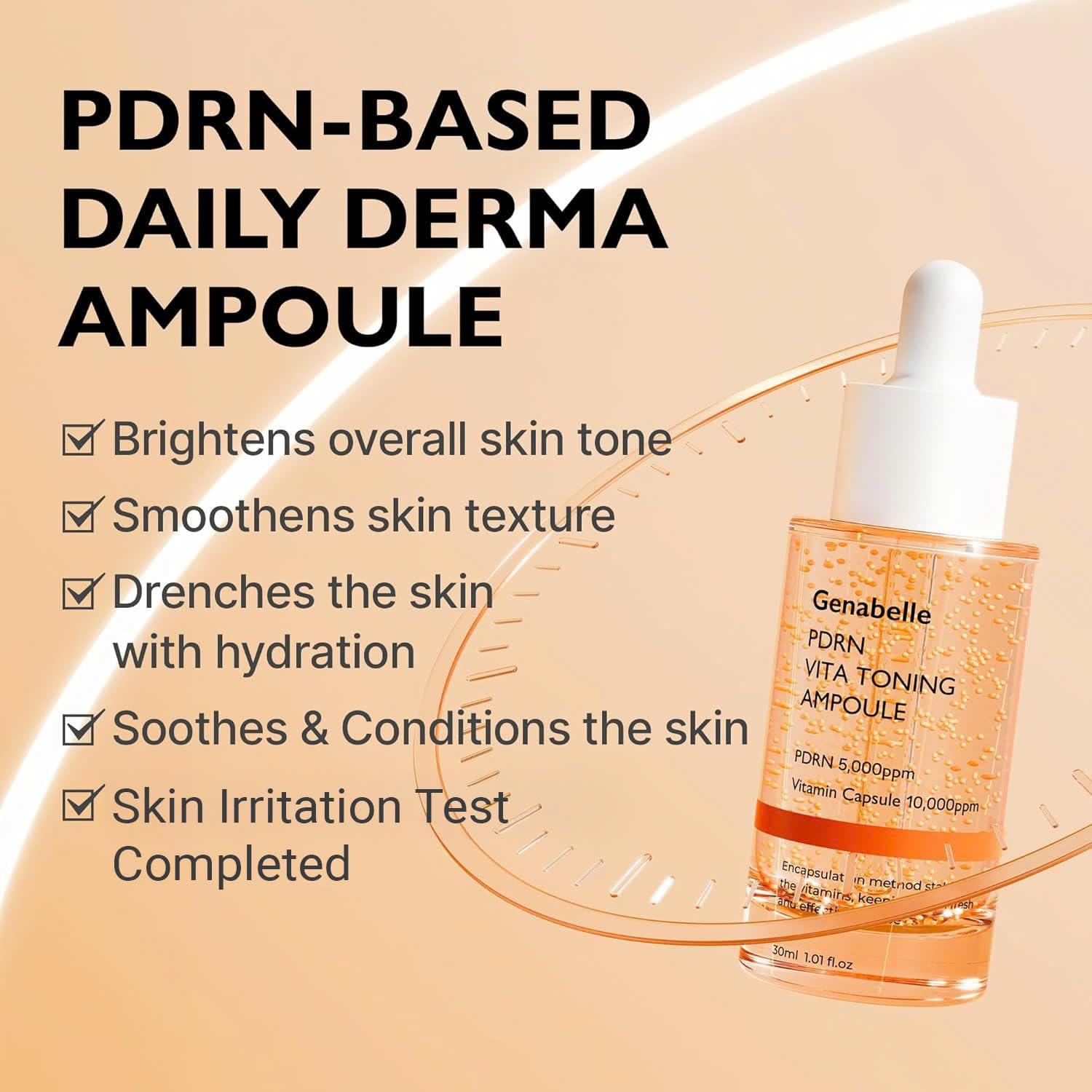 Genabelle PDRN Vita Toning Ampoule - Lightweight Glass Skin & Toning Ampoule with Vitamin B, C, E, PDRN, Serum for Blemishes, Fine Lines and Rough Skin Texture, 1.01 fl oz