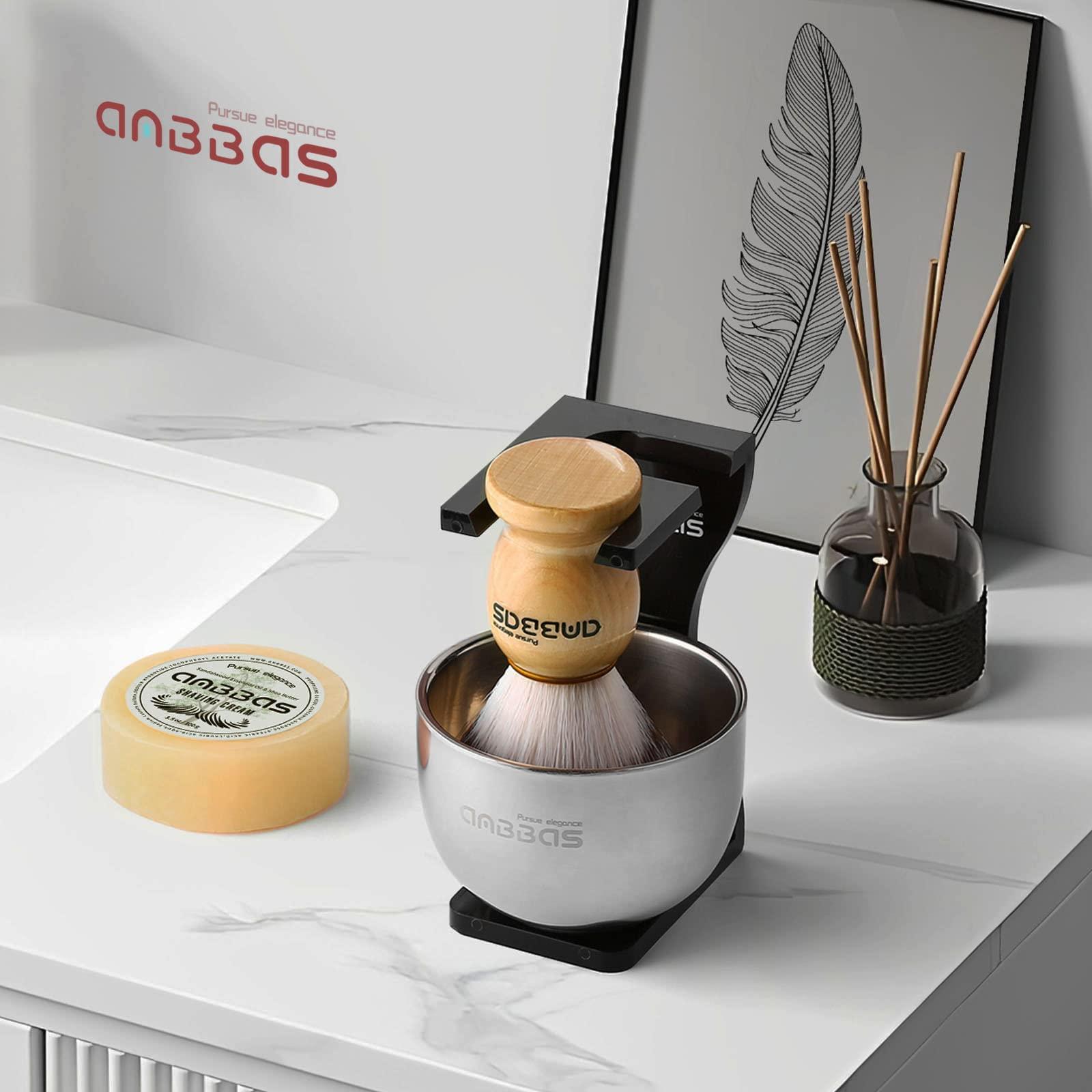 Anbbas Anbbas Shaving Brush Synthetic Badger and 100g Shaving Soap with Bowl Stainless Steel,Black Acrylic Shaving Stand Holer for Man Wet Shave Kit