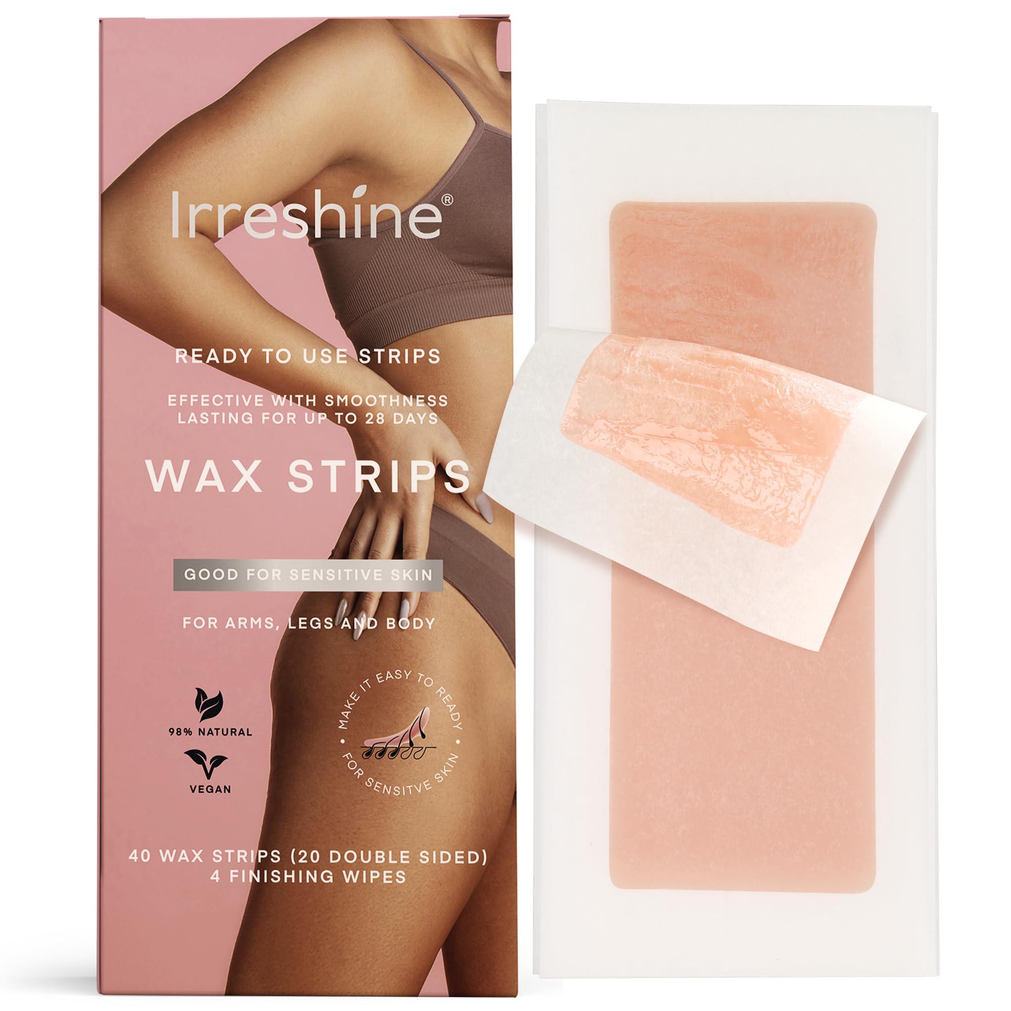 irreshine Wax Strips Hair Removal for Women: Natural Home & Travel Brazilian Body Waxing Strip for Bikini Armpit Leg - Vegan & Sensitive Skin Friendly, 40 Ct With Wipes