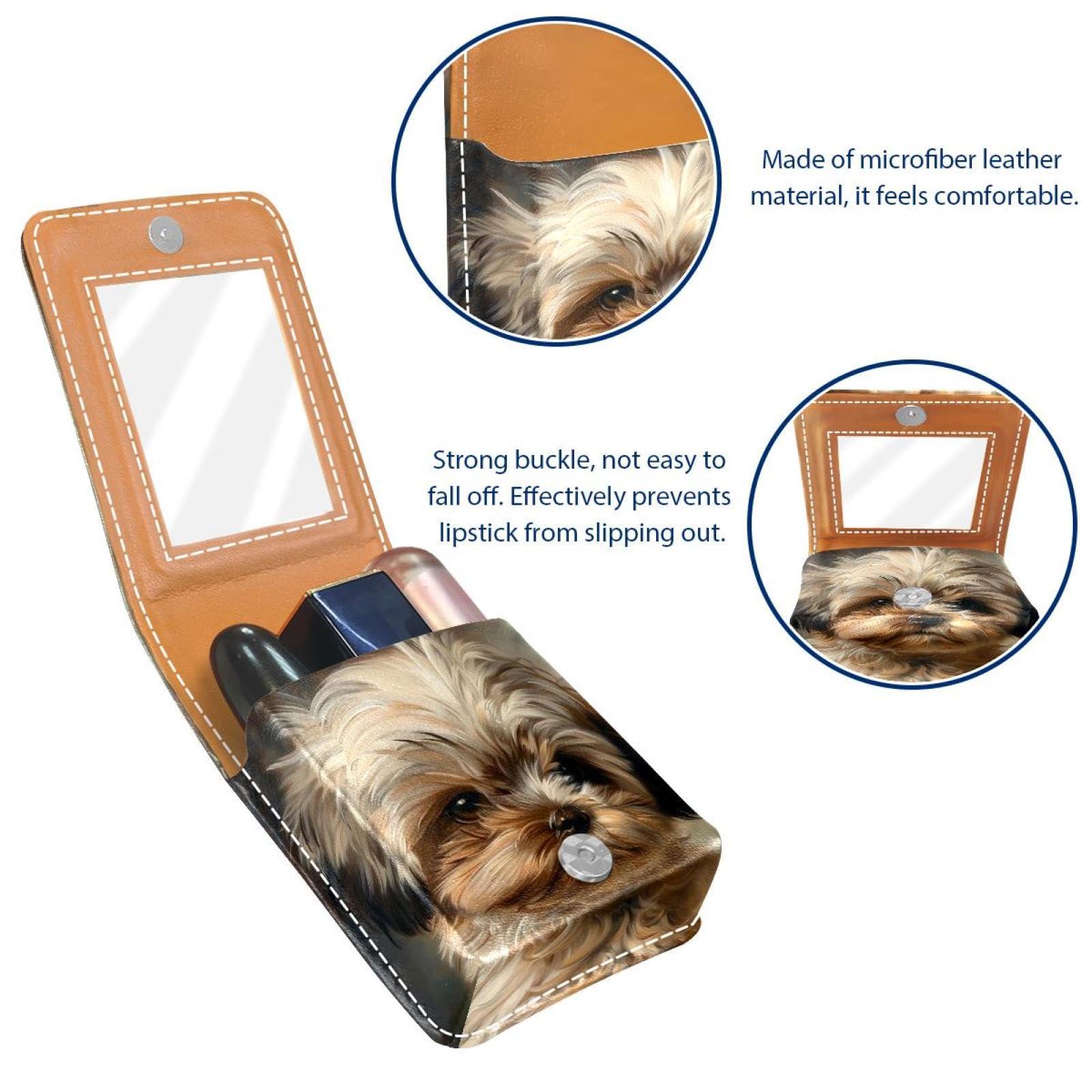 Diusye Lipstick Case Brown Shih Tzu Dog Puppy Prints Mini Lipstick Holder Organizer Bag With Mirror for Purse Travel Cosmetic Pouch