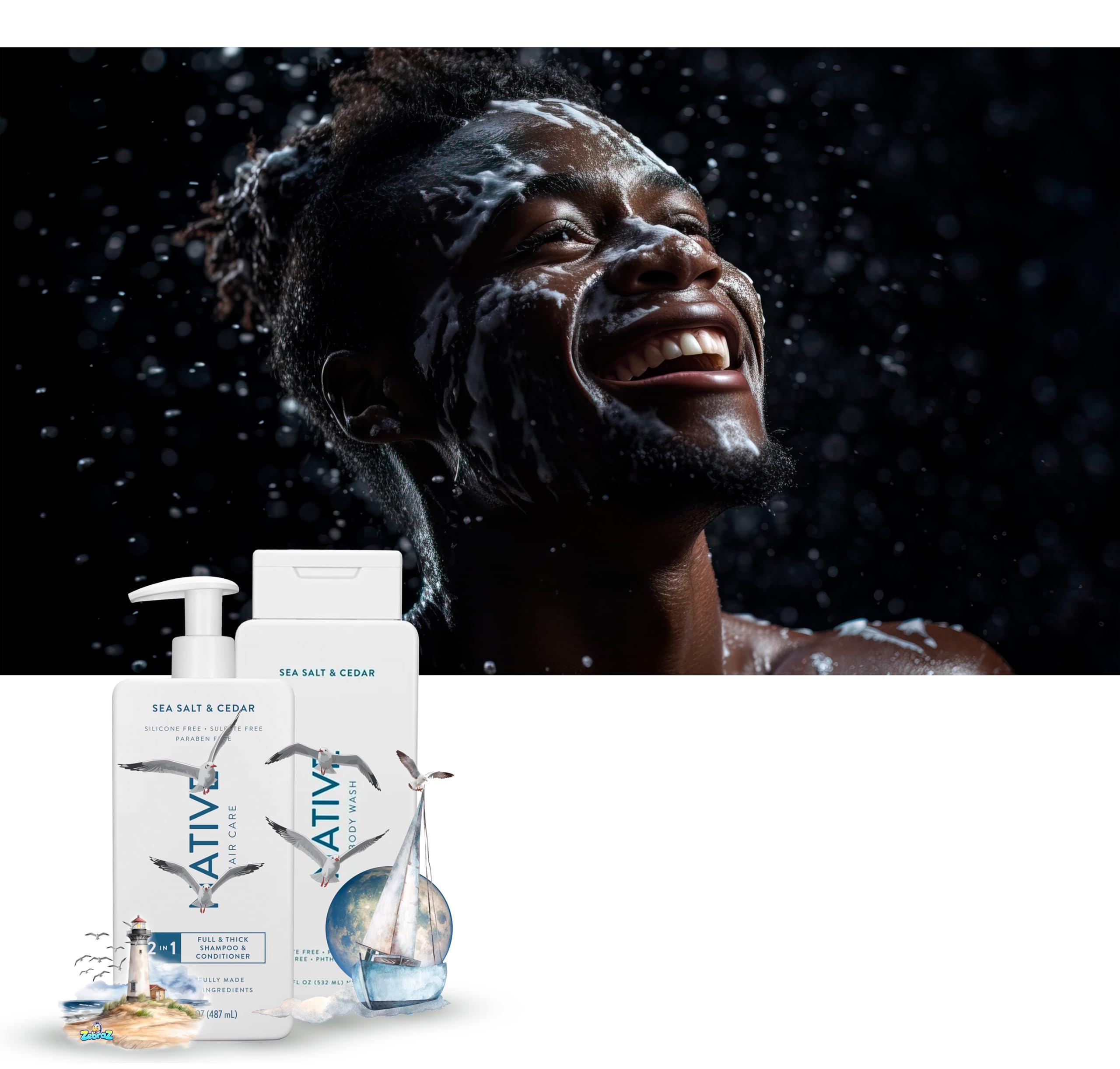 Hair Care And Body Wash Native - Hair and Body Wash - 2 in 1 Shampoo and Conditioner And Body Wash - Sea Salt & Cedar - Contain Naturally Derived Ingredients | All Hair - 16.5 and 18 FLOz - Pack Of 02