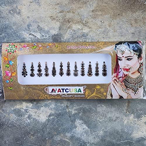 ATCUSA 12 Black long Crystal Bindi Bridal face Jewels Forehead Tika Indian Bindis for women bindi Indian multicolor round long small gold (Long 12 bindi - Black color)