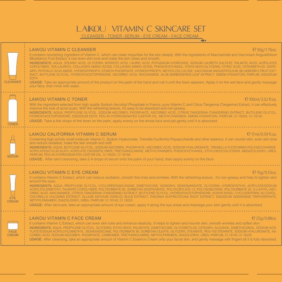 LAIKOU LAIKOU Skin Care Set Vitamin C Women Beauty Gift Sets Skin Care Kit with Cleanser, Toner, Serum, Eye Cream, Face Cream Travel Kit for Women Teen Girls Mom Daughter Birthday TSA-friendly Sizes 5pcs