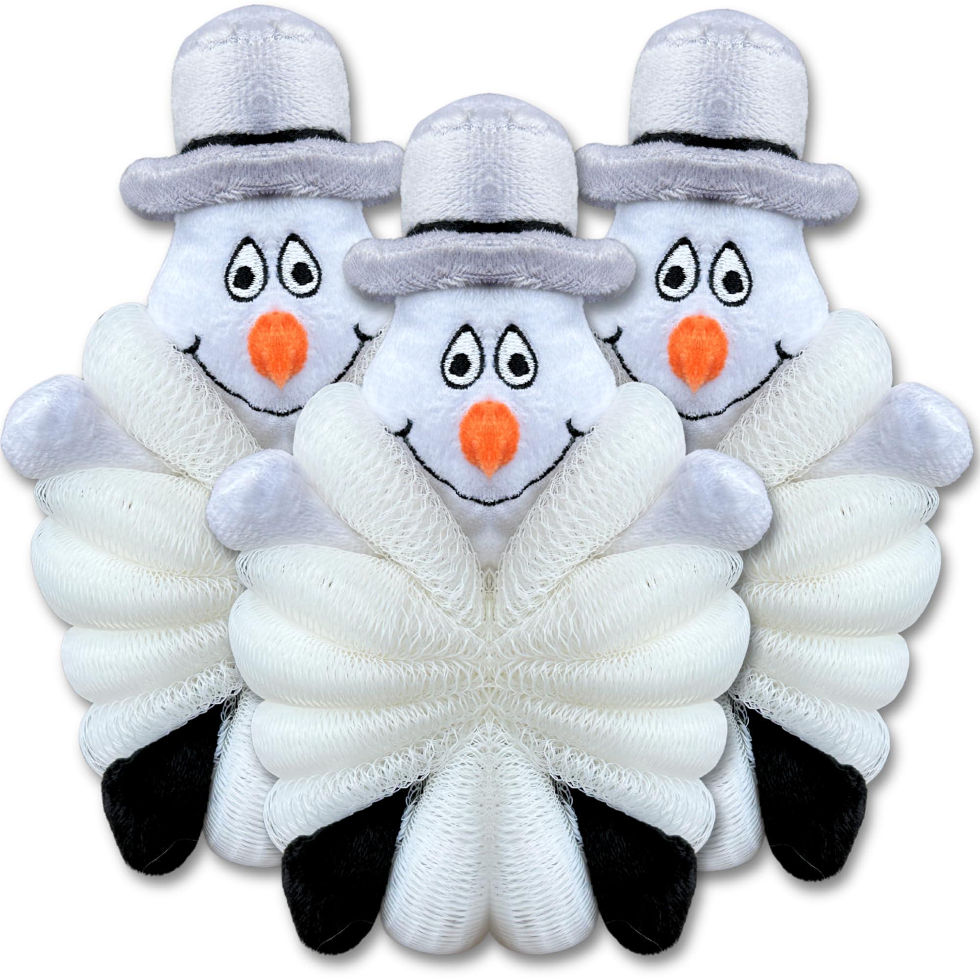 Pure Body Bulk Christmas Stocking Stuffer Snowman Shaped Bath Sponge for Kids - Cute Holidau Bath Sponges, Mesh Pouf Body Scrubber, Gentle Shower Sponges, Classroom Party Favors, 48 Count