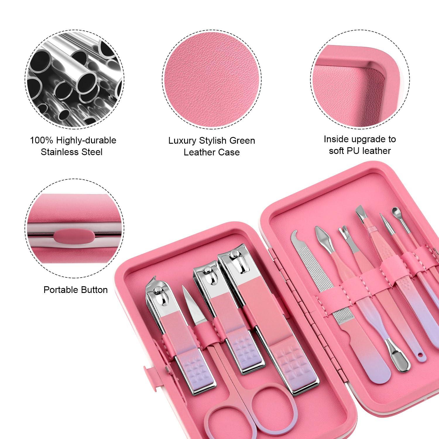 Keiby Citom Manicure Set, Travel Mini Nail Clippers Kit Pedicure Care Tools, 10pcs Stainless Steel Grooming kit (Pink Purple)