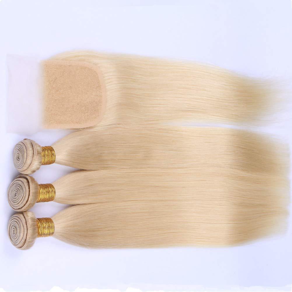 Tony beauty hair Tony Beauty Hair #613 Blonde Straight Human Hair 3 Bundles with Closure Bleach Blonde Brazilian Hair Weave Wefts with Closure Silky Straight Hair Bundles with 4x4 Lace Closure (18 20 22+16)