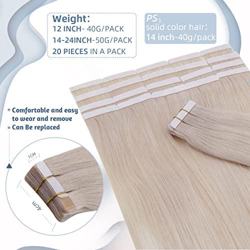 Hetto Hetto Tape in Hair Extensions Blonde Tape in Human Hair Extensions 18 Inch Pure Blonde Straight Tape on Hair Extension #60 Platinum Blonde 20Pcs 50g Skin Weft Tape