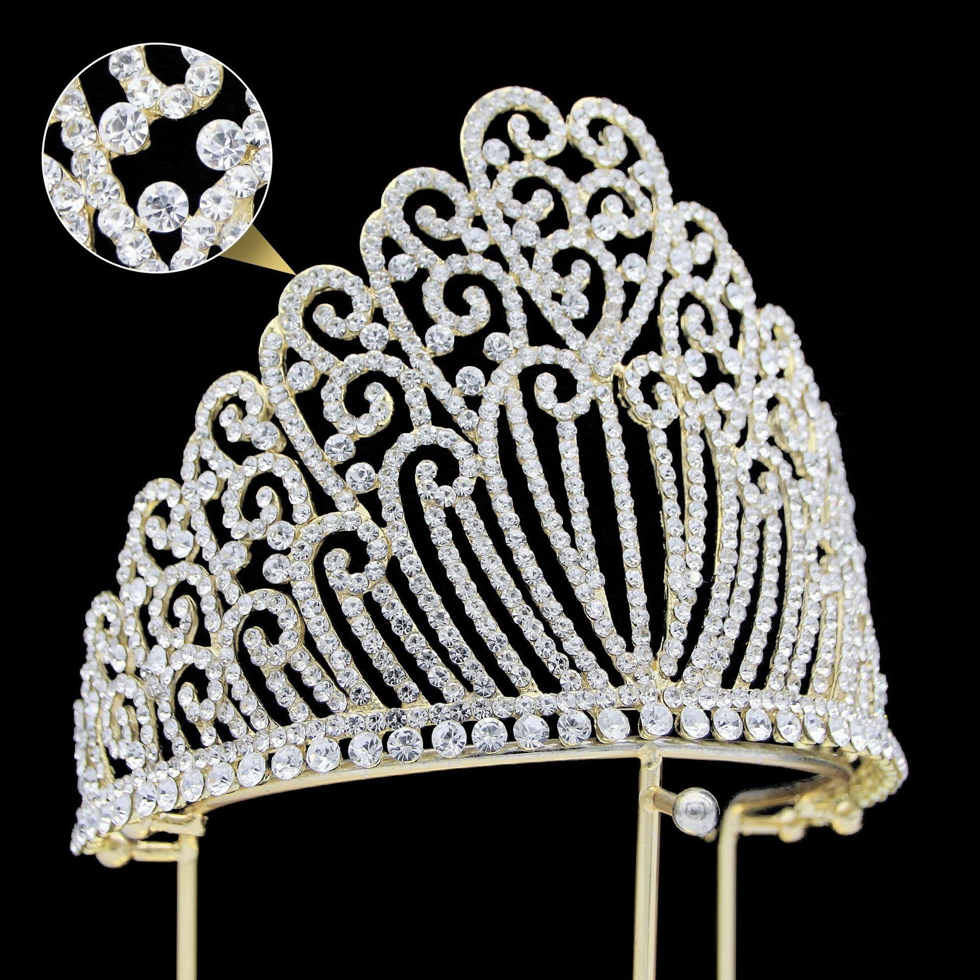 QXMYOO Extra Large Tiaras 5.2\" Tall Pageant Crowns for Women Clear Austrian Crystal Tiara Gold Homecoming Queen Crown Big Rhinestone Headpiece for Birthday Prom Quinceanera Wedding (E-Gold)