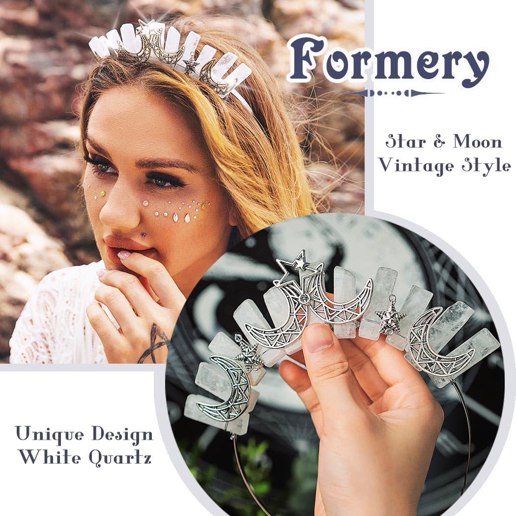 Formery Formery Star White Quartz Headband Silver Crescent Moon Natural Stone Crown Hairband Halloween Cosplay Wedding Crystal Tiara Headpiece for Women