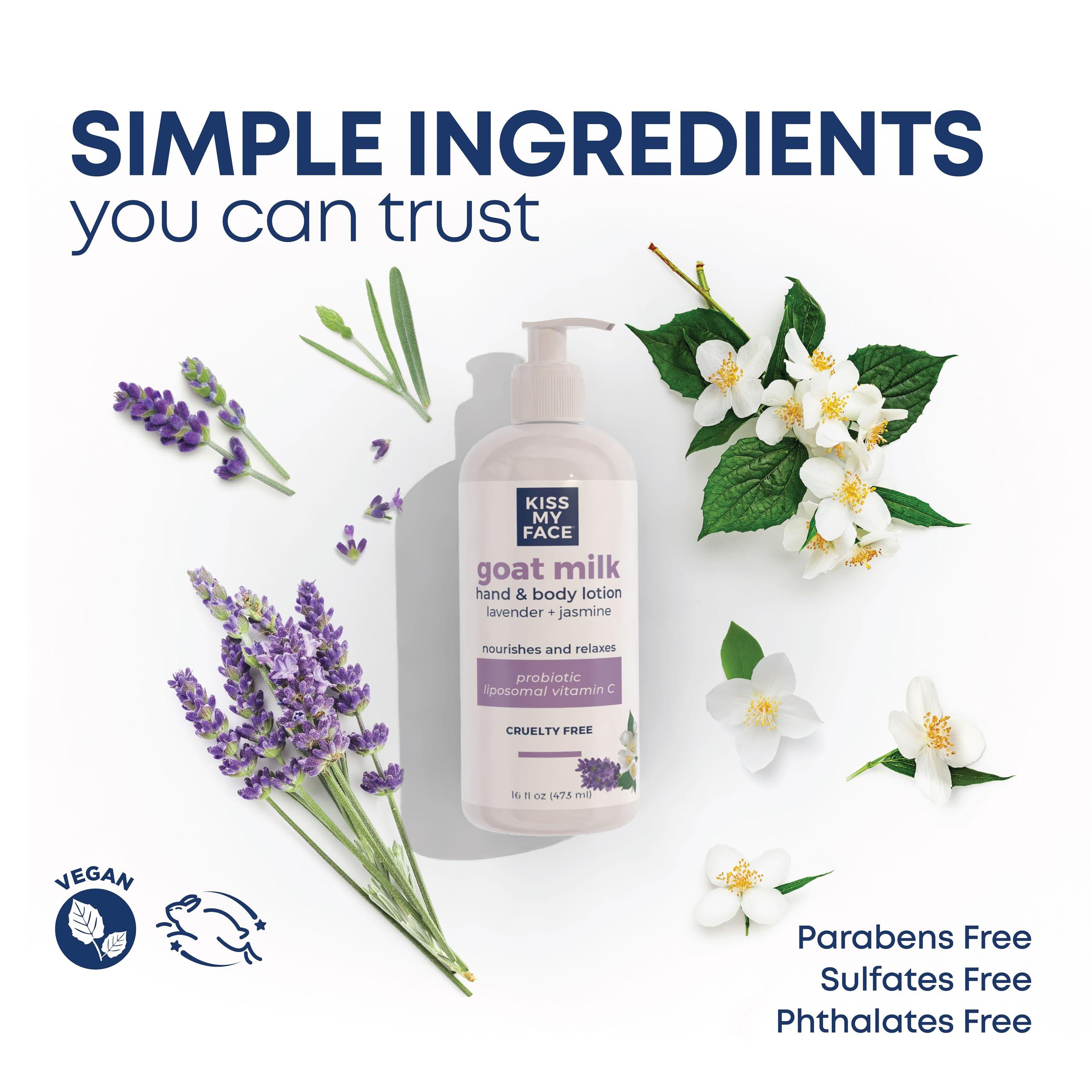 Kiss My Face Kiss My Face Goat Milk Hand & Body Lotion - Lavender & Jasmine Lotion with Goat Milk - 16 Ounce Bottle with Pump (Lavender & Jasmine, Pack of 1)