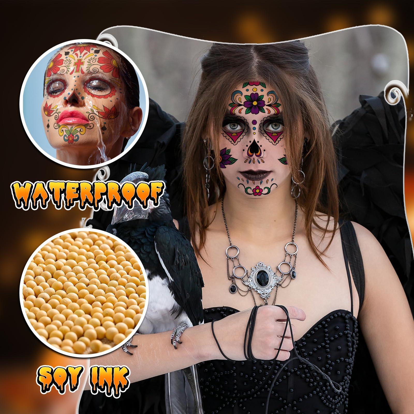 ARPOVIST 8 Sheets Temporary Face Tattoo,Temporary Sugar Skull Face Stickers,Halloween tattoos,Day of the Dead Face Tattoos,Face & Body Tattoos Waterproof Makeup Tattoo Stickers for Halloween Party Makeup