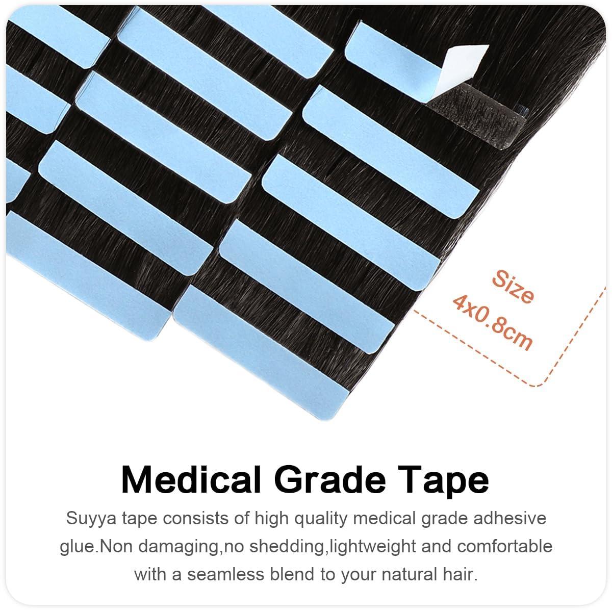 SUYYA SUYYA Invisible Tape in Hair Extensions Human Hair Natural Black Seamless Injected Hand-Tied Pro Quality Virgin Human Hair 20PCS 50G/Pack Straight Tape Ins(20 inch #1B Off Black)