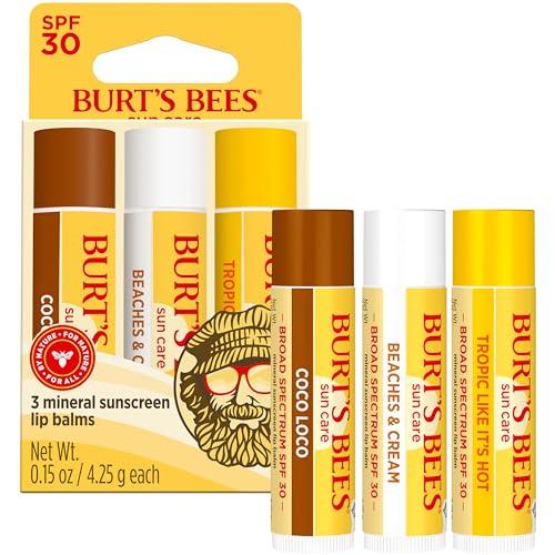 Burt\'s Bees Burt\'s Bees Island Getaway Sun Care SPF 30 Lip Balm Stocking Stuffers, Water-Resistant Lip Moisturizer Christmas Gifts, Nano-Free Zinc Oxide Formula, Natural Conditioning Lip Treatment (3-Pack)