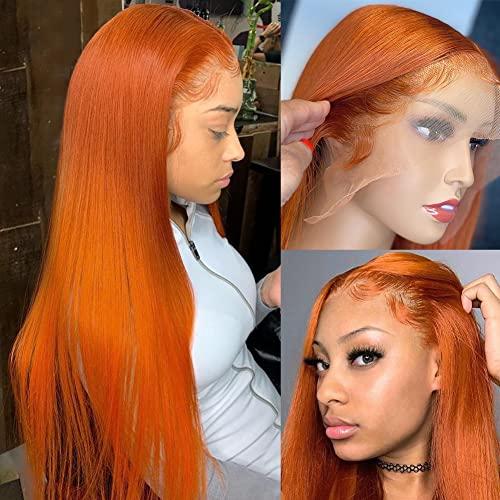 Hermosa Hermosa 13x4 Ginger Orange Straight Lace Front Wigs Human Hair Pre Plucked 180 Density Glueless HD Transparent Lace Frontal Human Hair Wigs for Women 28 inch