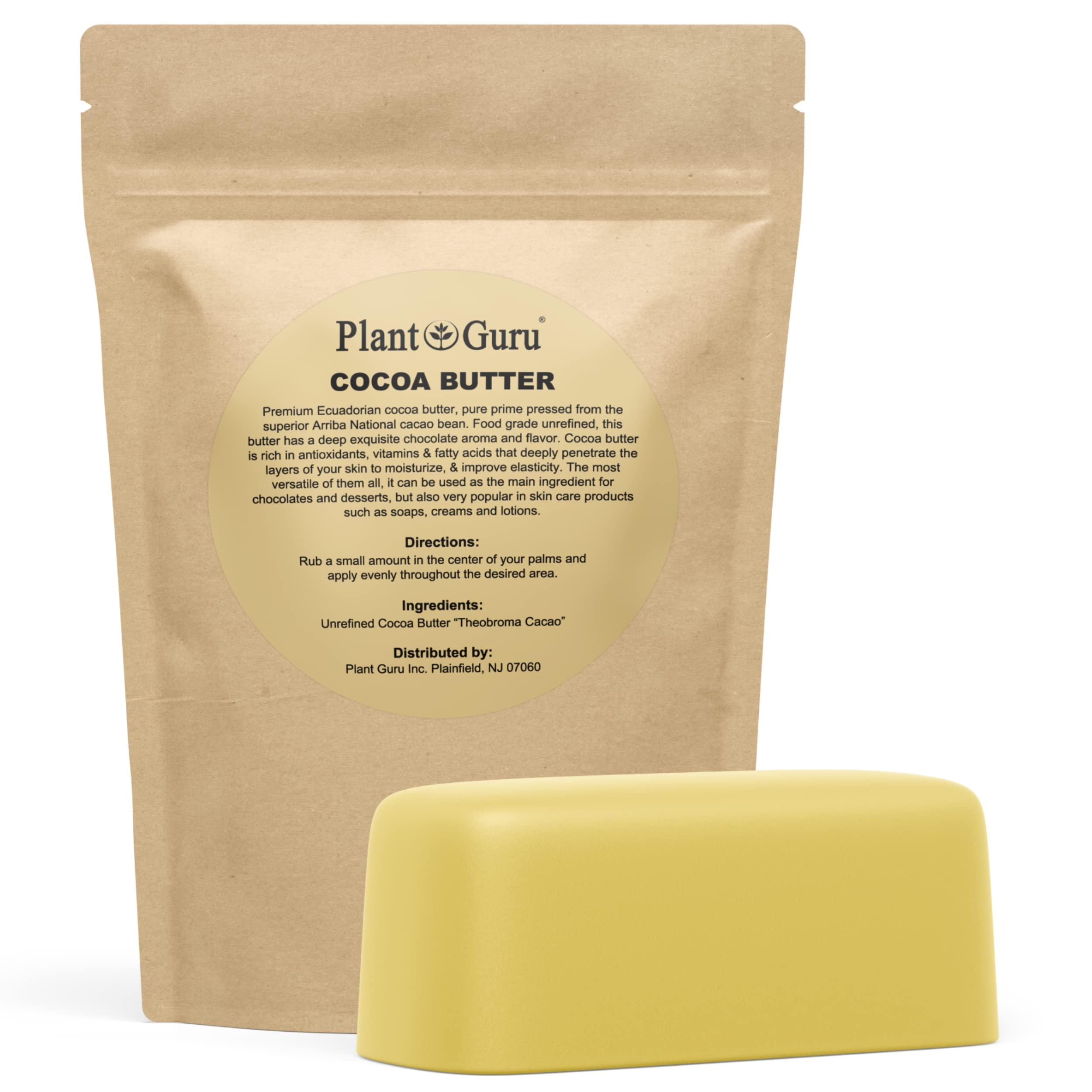 Plant Guru Raw Cocoa Butter 1 lb. Bar - 100% Pure Natural Unrefined FOOD GRADE Arriba Nacional Cacao Bean, Great For Chocolate Making, Soap, Lip Balm and Moisturizer For DIY Body Butters