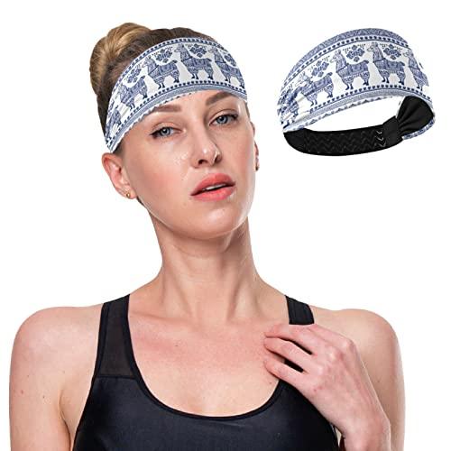 Poeticcity Blue Alpaca Llama Animal with Ethnic Tribal Ornaments Women's Headband, Stretchy Sweatband Breathable Head Wraps Sweat Wicking Elastic Hair Bands Head Scarf for Sports Yoga